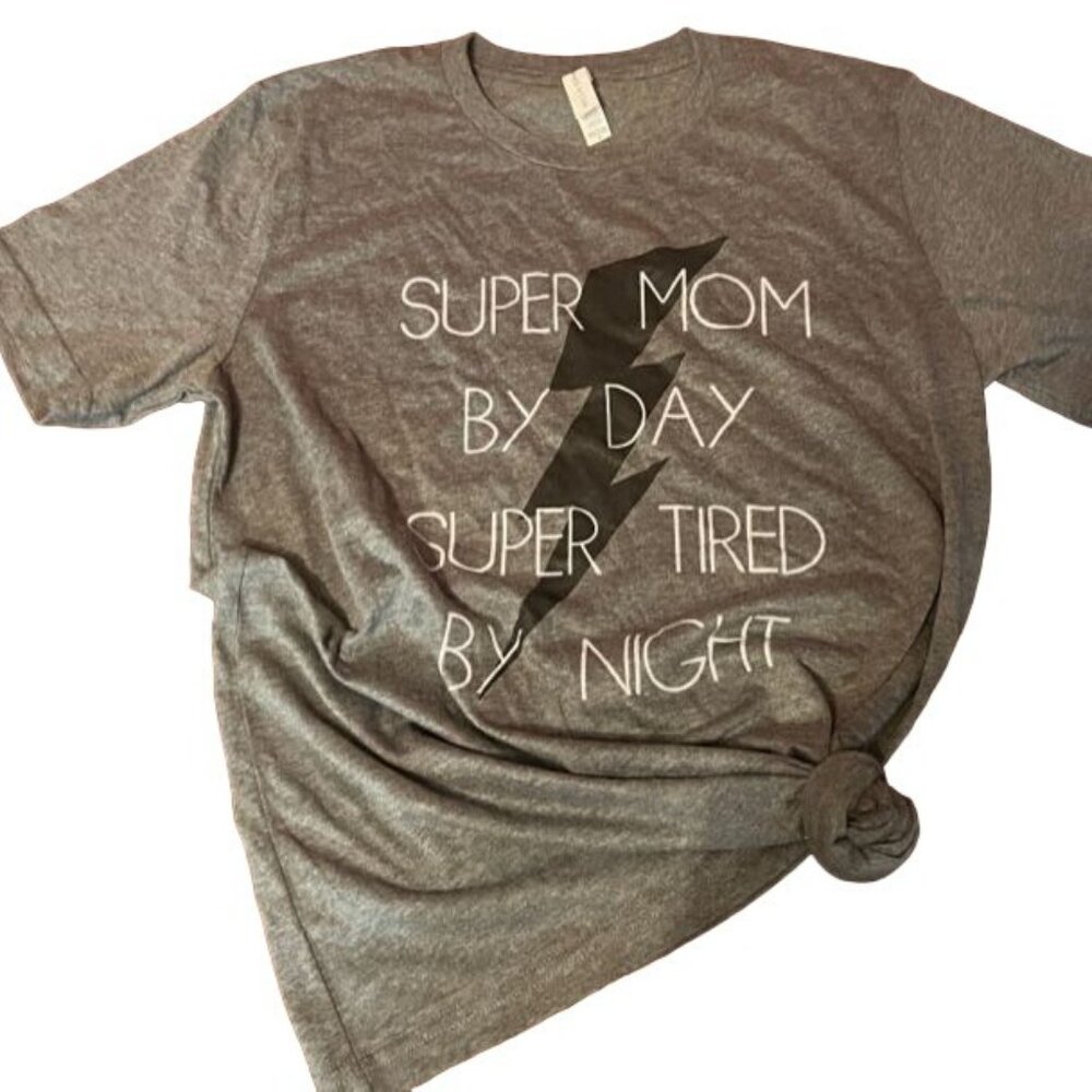 Bella+Canvas Gray "Super Mom By Day Super Tired By Night" T-Shirt funny design